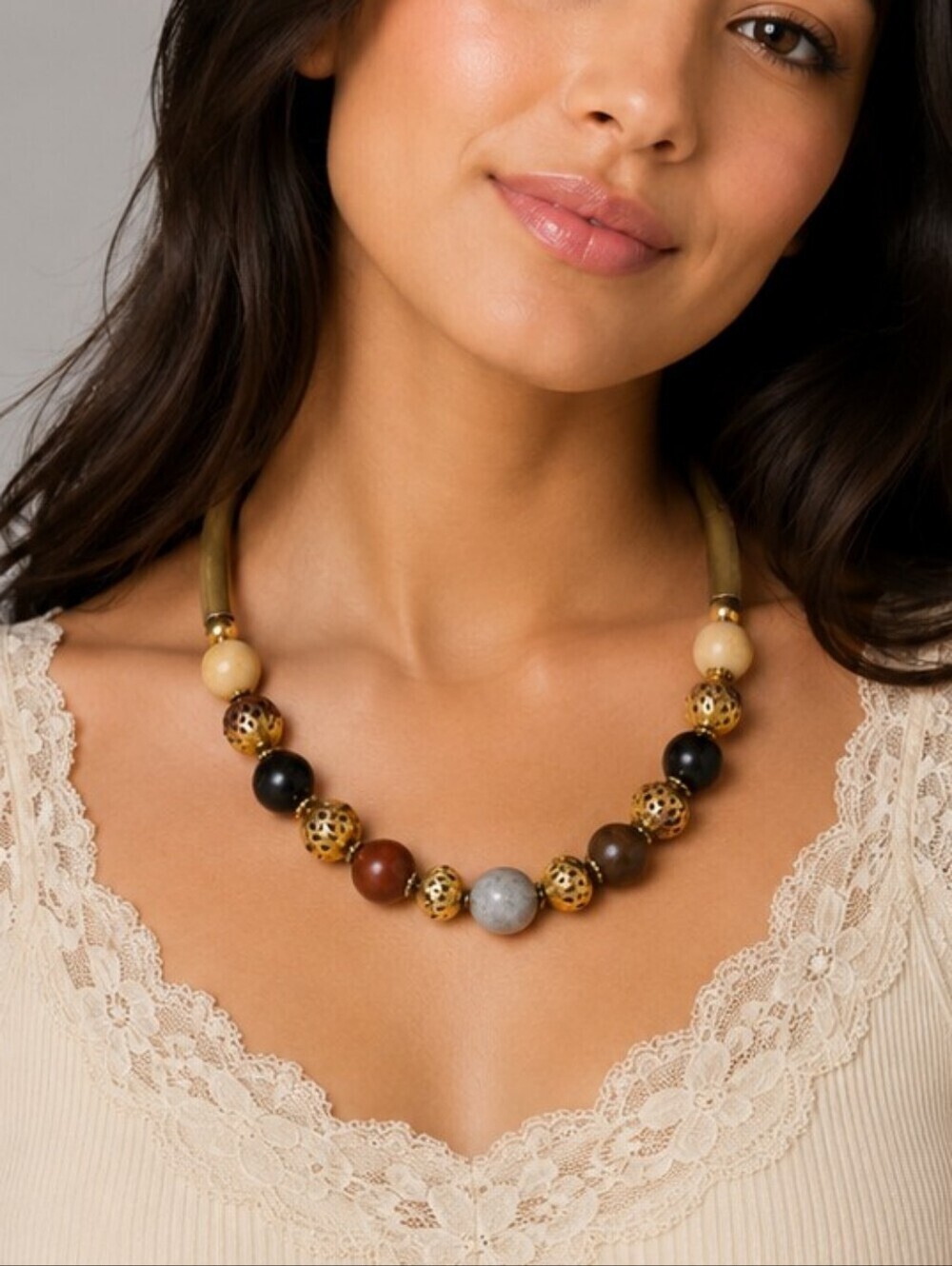 Vintage 1980s Multi-Color Stone Brass Beaded Necklace